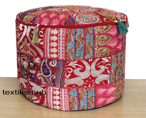 22" Indian Vintage Handmade Red Round Ottoman Pouf Cover Patchwork Footstool - Picture 2 of 3