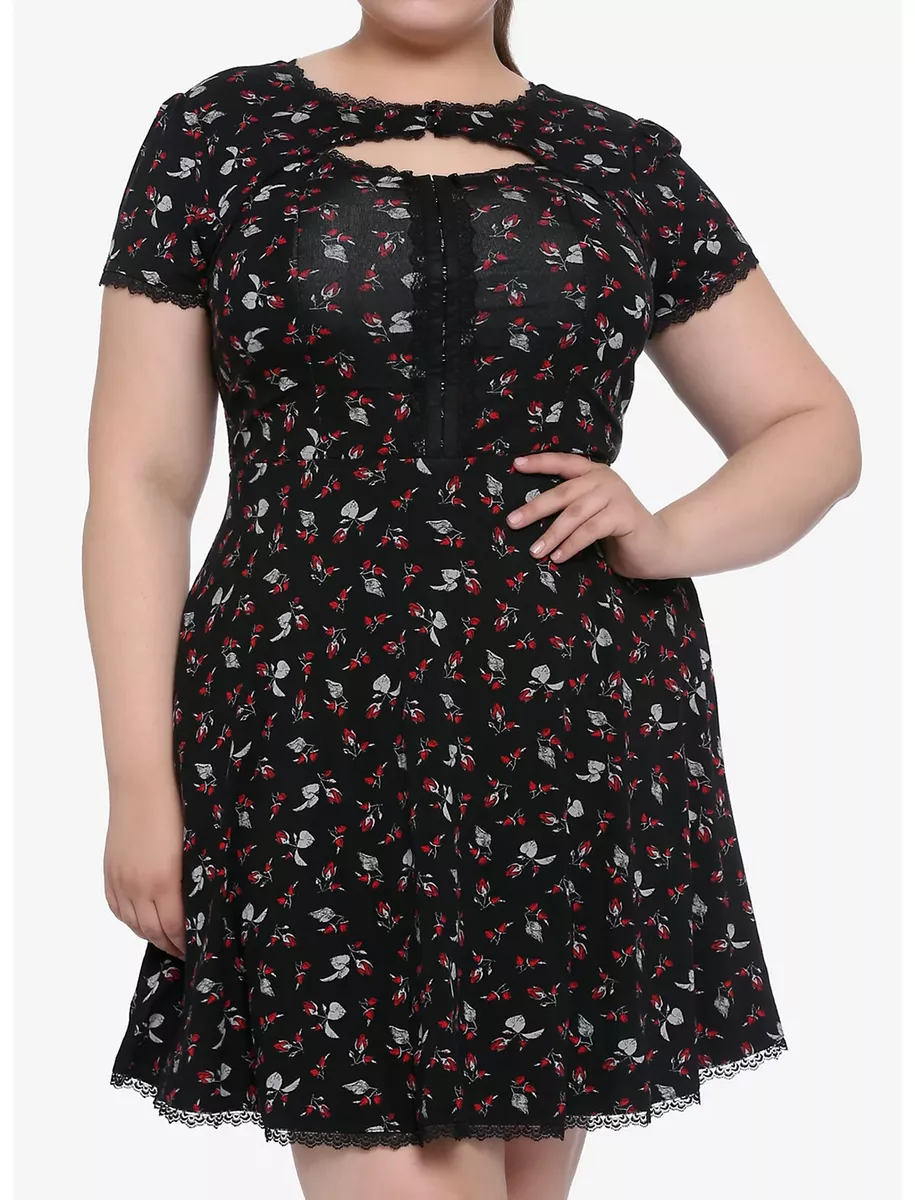 BNWT Hot Topic Plus Size 2 18 20 High Neck Keyhole Dress Red Roses on Black