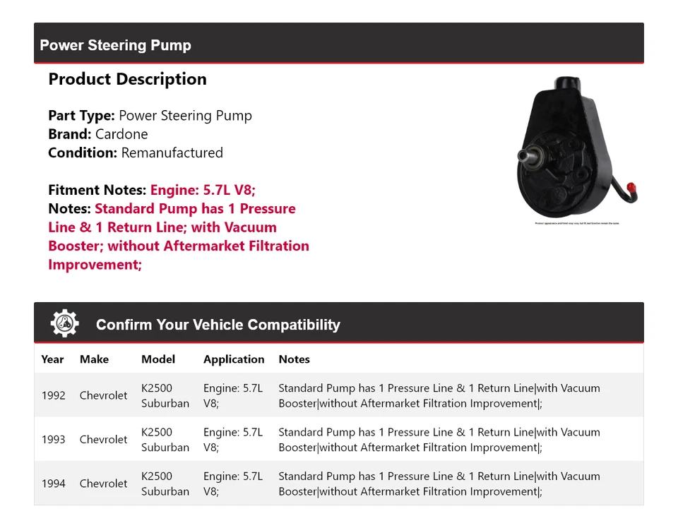 Bomba de dirección asistida Cardone 1993 para Chevrolet K2500 Suburban 1992-1994 5,7 L V8 Foto 2 de 4