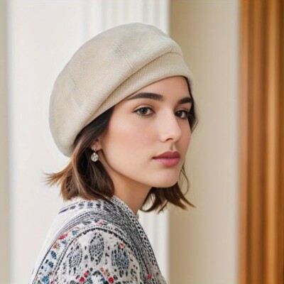 Simple Women Wool Beret for Elegant Lady Winter Female Cotton Hats Plaid Vintage
