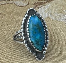 Deep Blue Green Marquise Turquoise Sterling Silver Native American Size 6.5 Ring