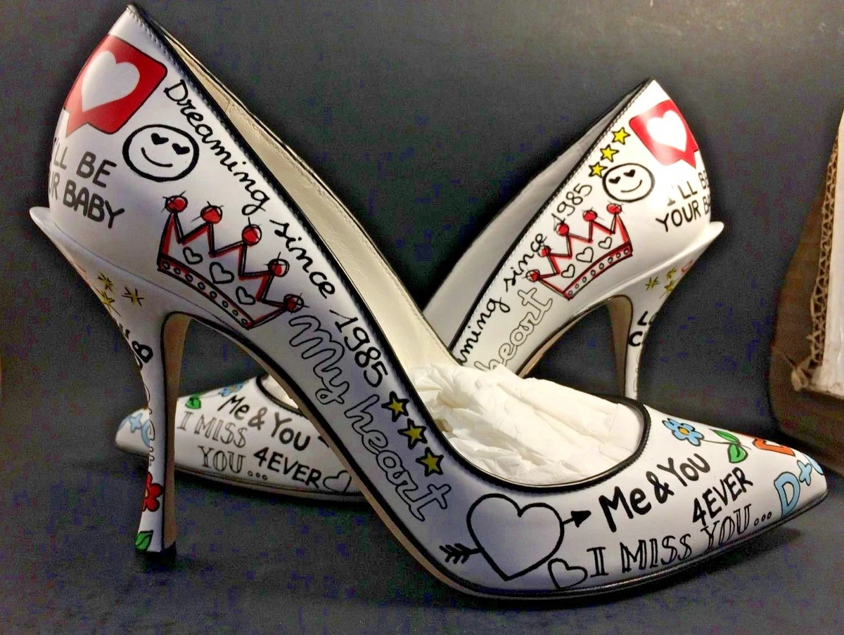 Dolce Gabbana White Leather Lori Doodle Print Pumps Womens Size