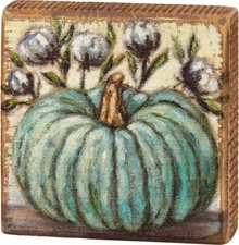 Turquoise Green Pumpkin Block Wood Sign Primitives By Kathy Fall Decor 4 x 4 in