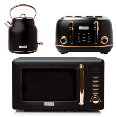 Haden Wasserkocher, Toaster & Mikrowelle Komplettset 1,7L, 4 Scheiben, 800W - Schwarz & Kupfer