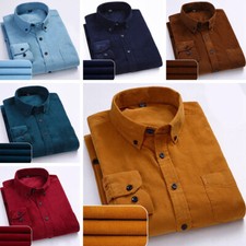 Cotton Corduroy Long Sleeve Shirt Collared Slim Fitted Top Blouse Retro Men