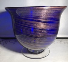 Hand-blown Art Glass Cobalt Blue Gold Swirl Iridescent Lg Footed Lip Vase