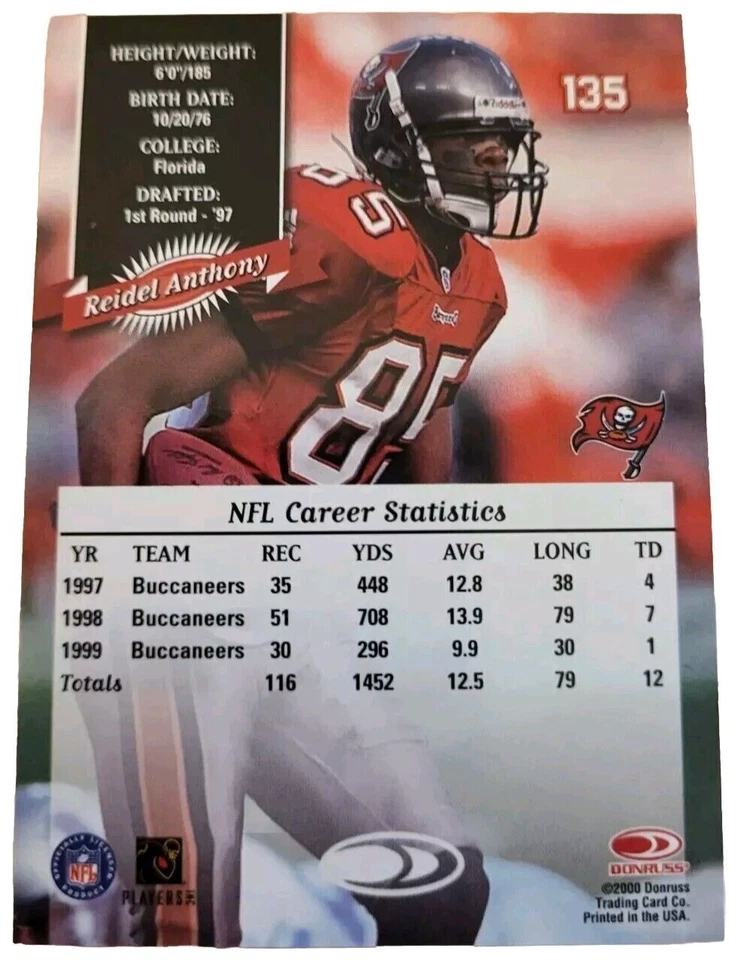 2000 Donruss NFL Football Card #135 Reidel Anthony Tampa Bay Buccaneers (A4 - Image 2 of 2