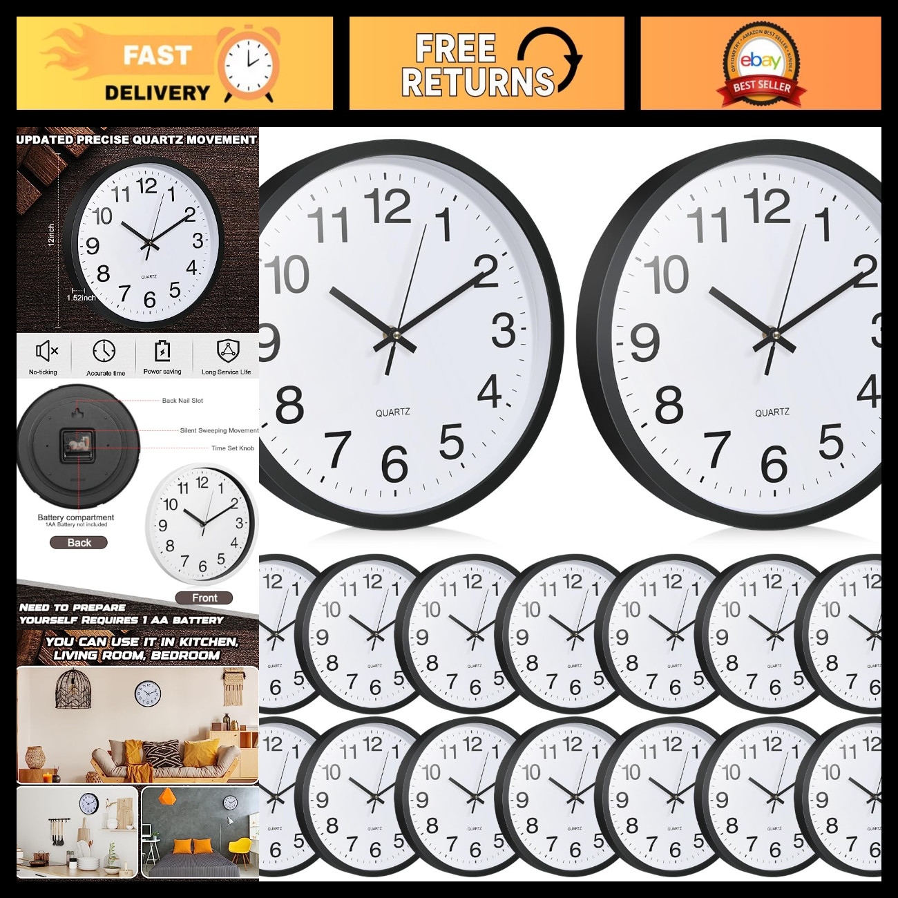 12 Pcs Silent Non-Ticking Wall Clocks - Modern Round Decorative Quartz, 10" Batt