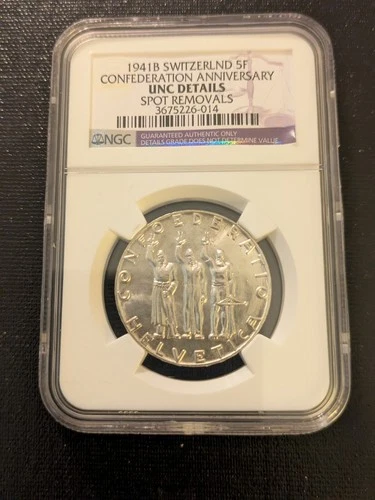 1941 B Switzerland Confederation Anniversary 5 Francs Silver NGC- certified UNC
