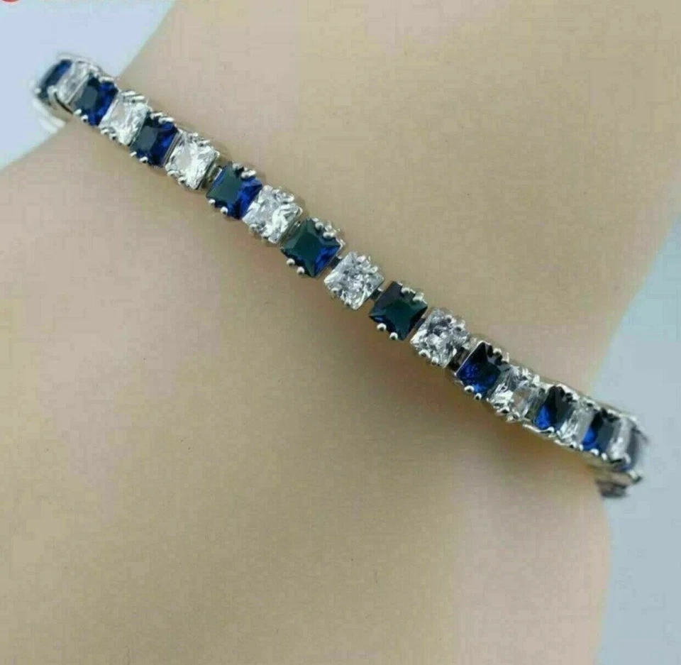 Brazalete para mujer de zafiro azul creado por Princess Lab de 8,0 quilates enchapado en oro blanco de 14 quilates Foto 2 de 4