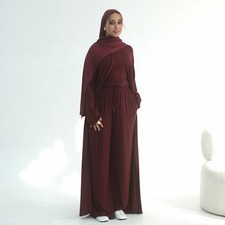 3Pcs Set Muslim Women Causal Cardigan Abaya Top Wide Leg Pants Open Kaftan Scarf