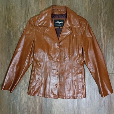 Women's Brown Leather Jacket Wide Collar 70s Style Wilsons Leather Maxima Size M