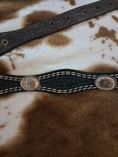 Vtg Women's Black Leather Scalloped Western Belt w/ Metal Conchos J14 No Buckle