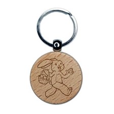 Skipping Easter Bunny Giving Eggs in Basket Engraved Wood Round Keychain Tag