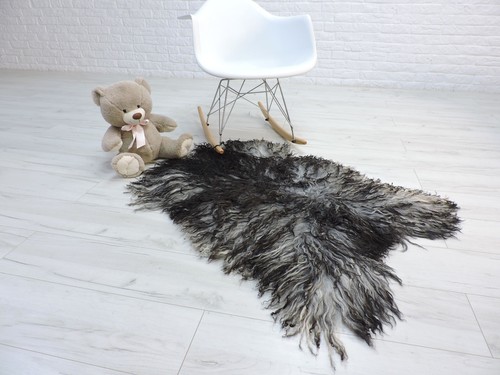 Alfombra De Piel De Oveja Grande Islandesa Rara De Mongolia Gris Y Negra 163/1 - Imagen 2 de 10