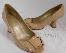 Stuart Weitzman Bow Girl Beige Patent Leather Peep Toe Pumps sz 7 M