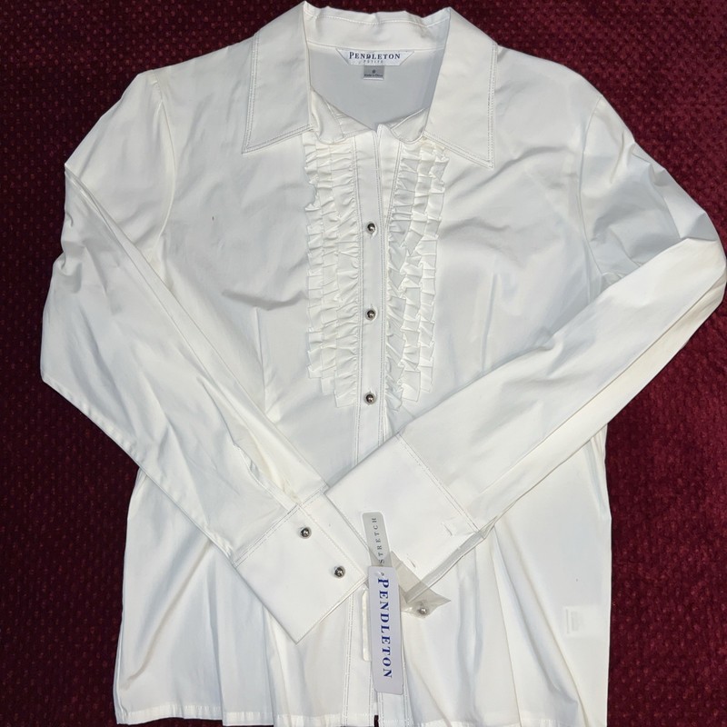 Vintage  Pendleton  button down blouse White with ruffle front NWT Stain