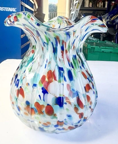 Fratelli Toso Murano Rainbow Color Swirl Italian Art Glass Vase 6” Wide 8” Tall