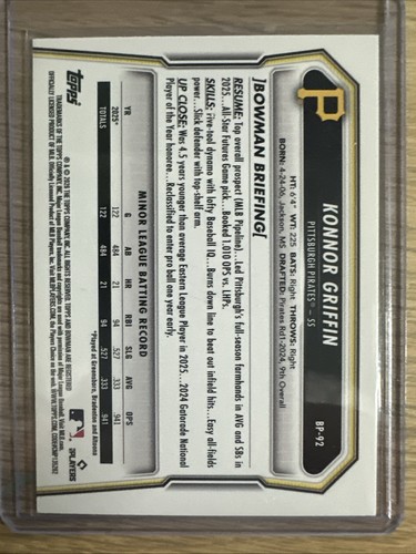 2026 Bowman Konnor Griffin Purple Parallel /250 Pittsburgh Pirates #207/250 - Bild 3 von 3