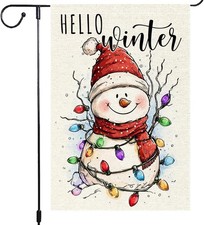 Hello Winter Snowman Garden Flag 12x18 Inch Double Sided Burlap Winter Outdoor D