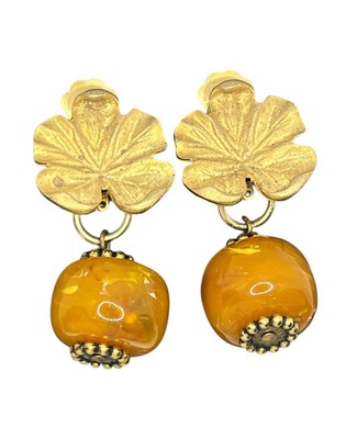 P&M Paris gold tone flower clip on earrings w dangle faux stones vintage