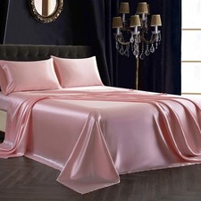 4Pcs Satin Sheet Set Full Size Ultra Silky Soft Blush Pink Satin Full Bed
