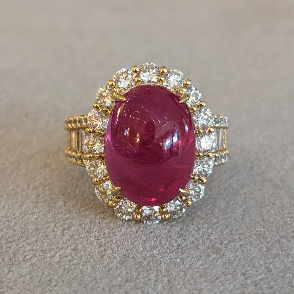 GIA Burma Cabochon Ruby 13.60 ct and Diamond Ring in 18k Yellow Gold - HM2693RB
