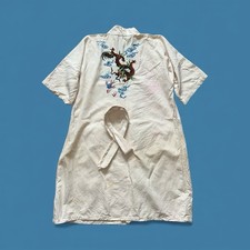 Antique Vintage Cream Raw Silk Cotton Kimono Dragon Embroidery Robe OSFM