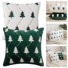 Plush Pillowcase Christmas Tree Embroidery Cushion Cover 18x18in Green/White