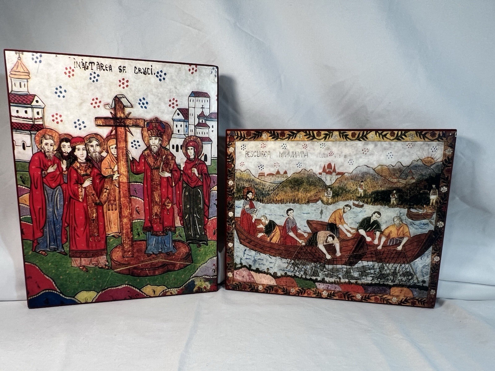 Set of 2 Romanian Orthodox Icon Plaques 8x10 Exaltation Cross & Miraculous Catch