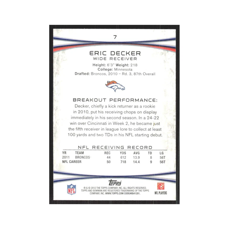 2012 Bowman Eric Decker Broncos #7 - Image 2 of 3