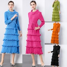 New Mock Neck Bow Long Sleeve Women Casual Party Vacation Layered Pleated Dress
