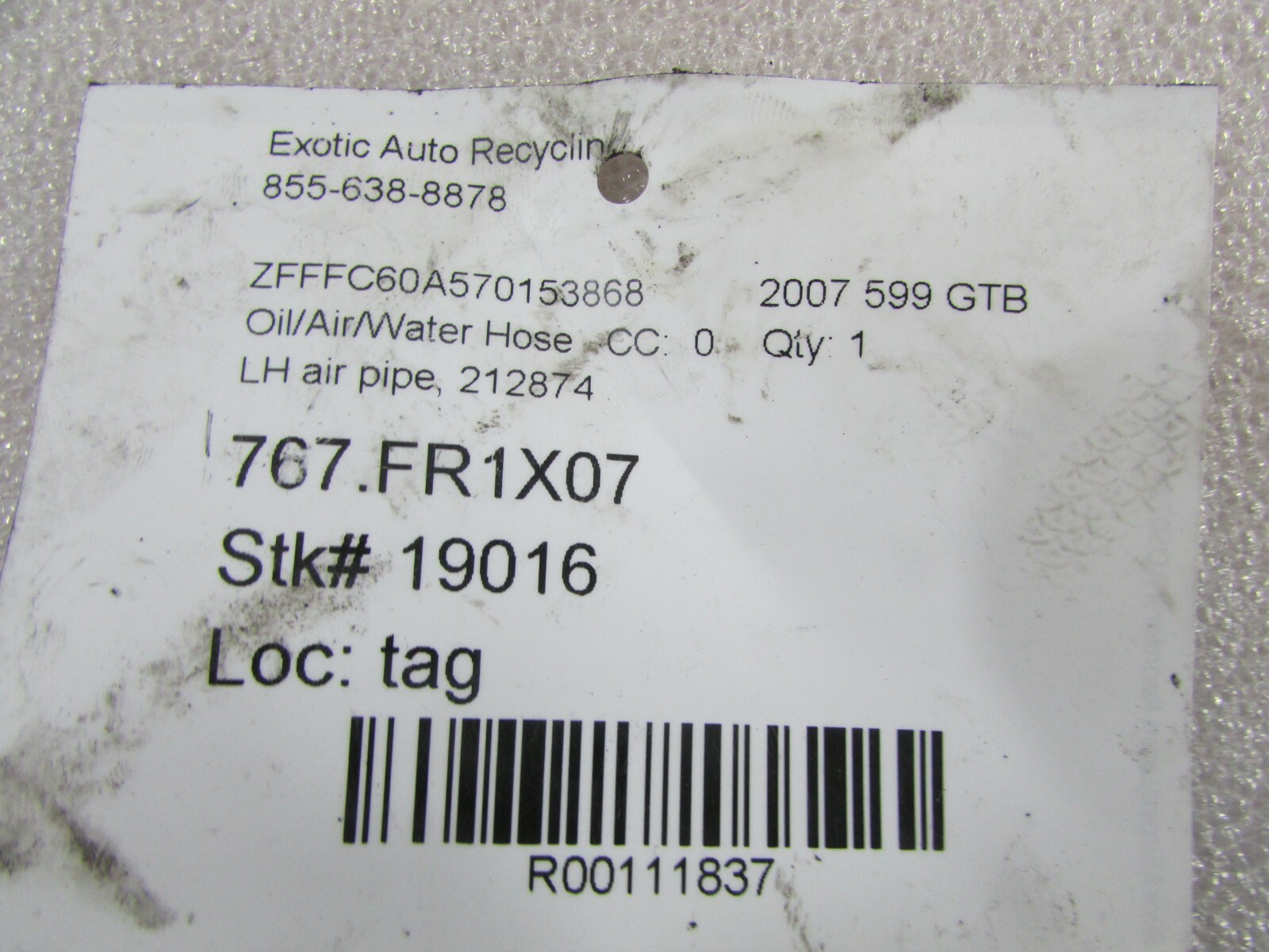 Ferrari 599 GTB, LH, Left Secondary Air Pipe, Used, P/N 212874