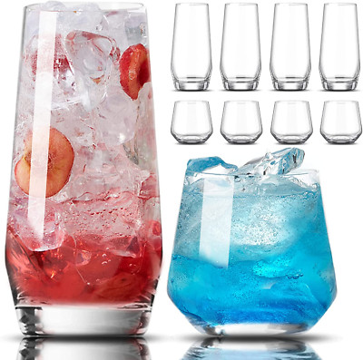 Juego de 8 vasos para beber: 4 vasos altos de vidrio de 18 oz y 4 vasos cortos