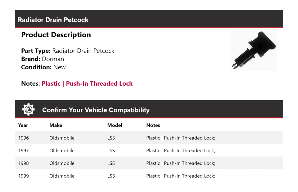 Para Oldsmobile LSS Dorman 1996-1999 radiador drenaje Petcock 1997 1998 Foto 2 de 4