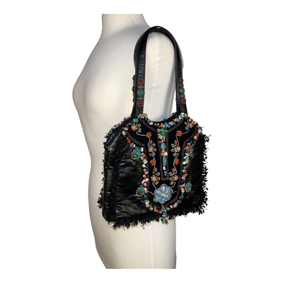 MARY FRANCES Beaded Stones Boho Purse Handbag Black Leather Fringe