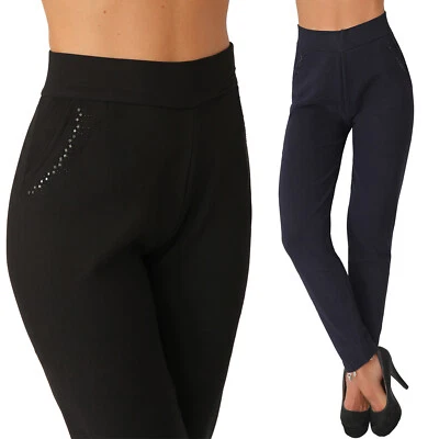 Hose Thermo Strass Leggings Steine High Waist Stretch Business Treggings Basic - Bild 1 von 4