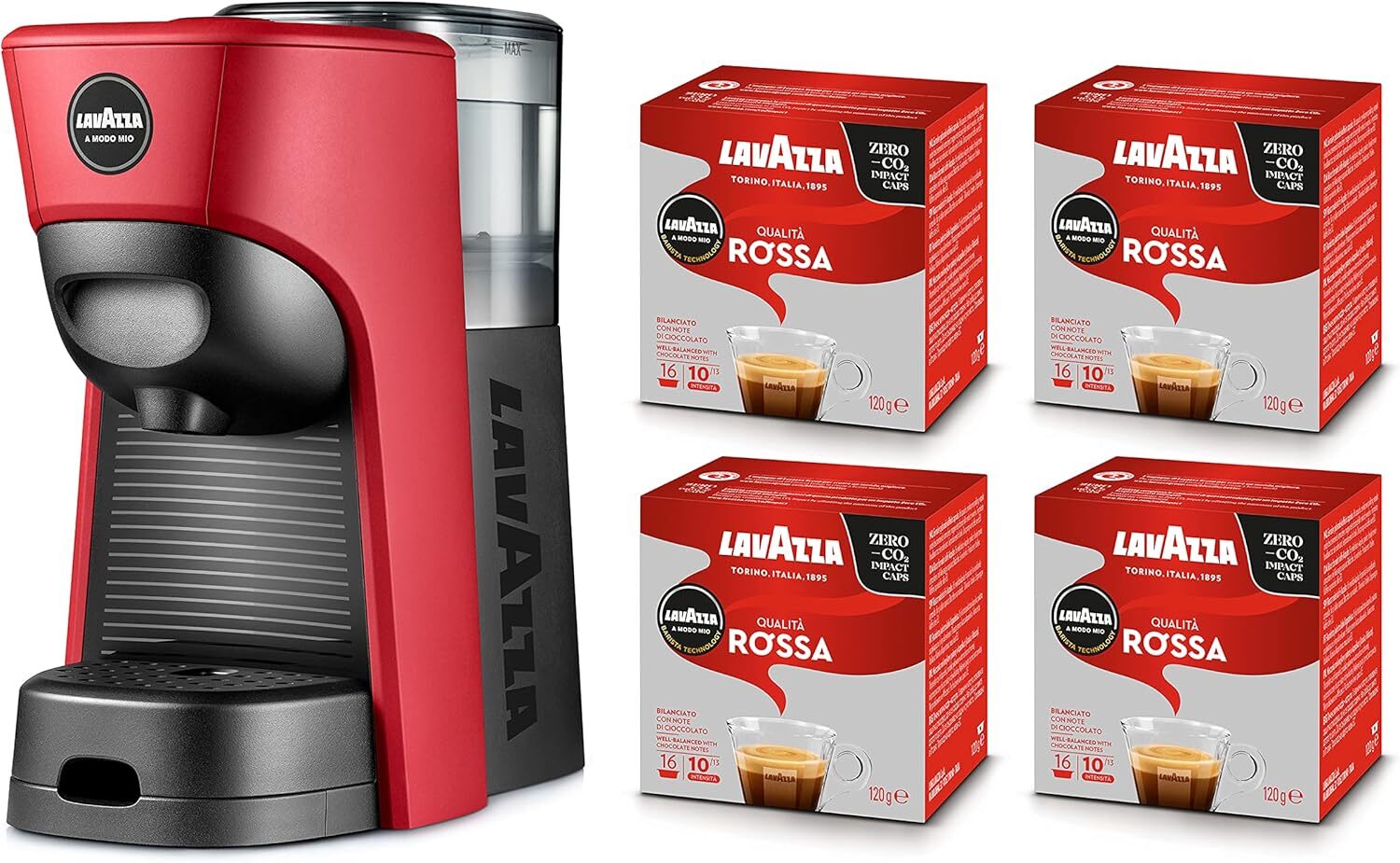Lavazza, A Modo Mio Macchina per Caffè Tiny Eco Rossa con 64 Capsule