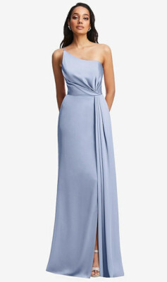 After Six 6878...One-Shoulder Draped Skirt Satin Trumpet Gown...Sky Blue..Sz 6