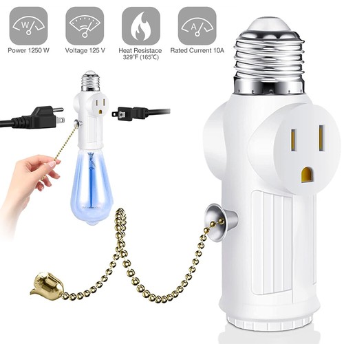 2 Pack Light Socket To Plug Adapter Pull Chain E26 Bulb Splitter Double 3 Prong - Picture 3 of 11