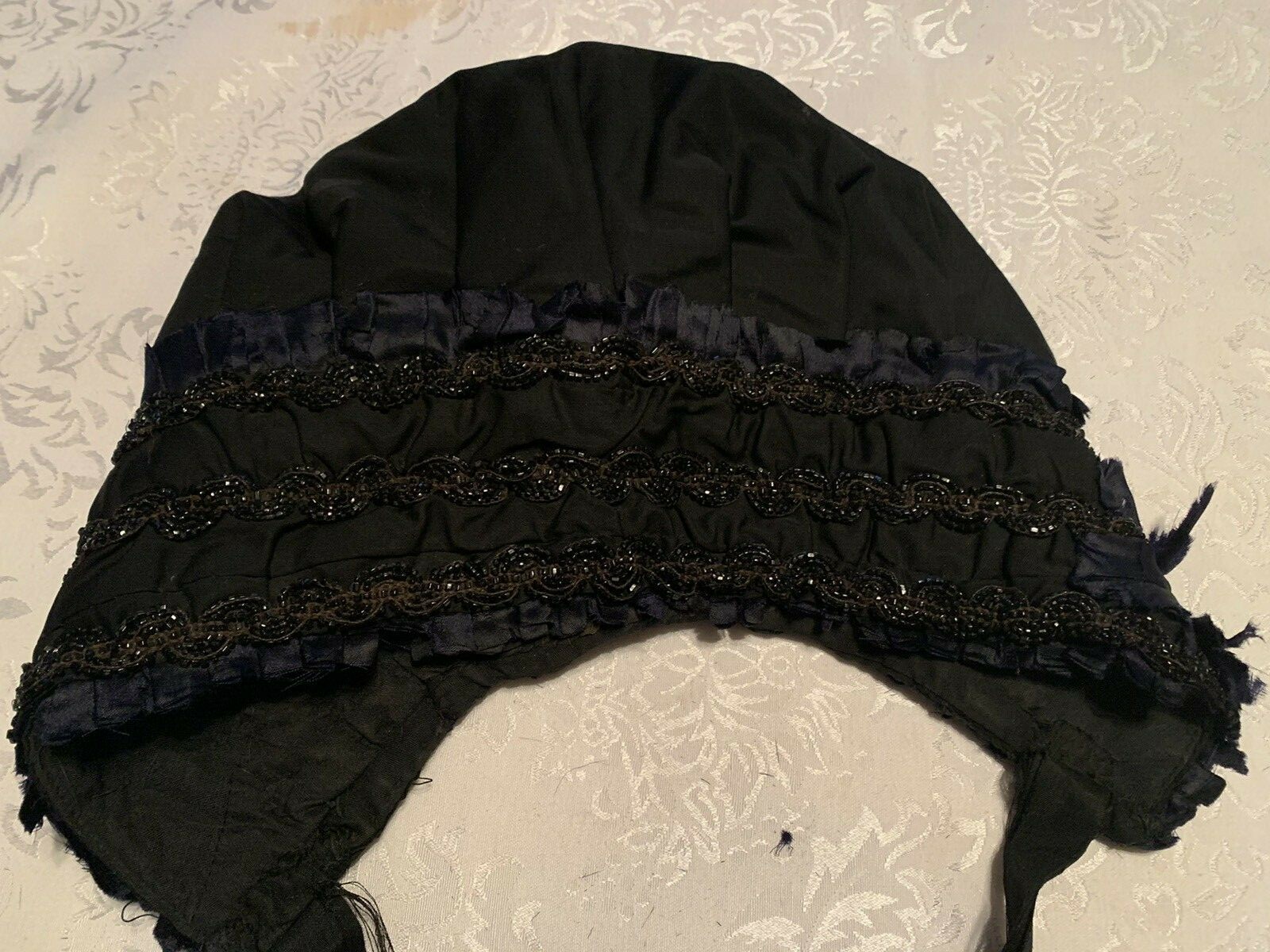 EARLY Antique Black Mourning Bonnet Victorian Ruf… - image 9