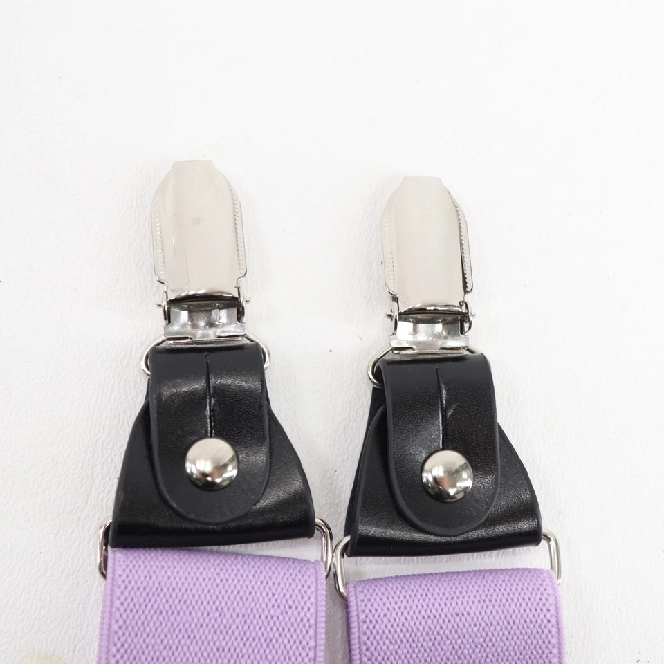 Italian Suspenders Mens 48 in Lavender Black Y Back Button Clips Leather Stretch - Image 3 of 4