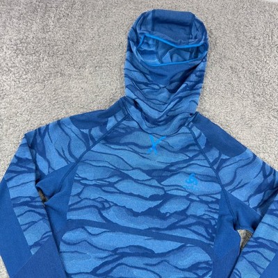 Odlo Performance Evolution Warm Base Layer Hoodie Blue Balaclava Mens Large