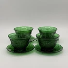 Vtg Anchor Hocking Forest Green Sandwich Glass Custard Bowl w/Liner Set of 4