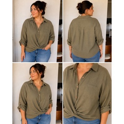 Zara Top Women's XL Olive Green Twist Front Linen Blend