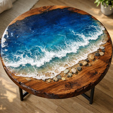 Ocean Epoxy Round Center Table – Handmade Resin Art Coffee Table, Coastal Beach