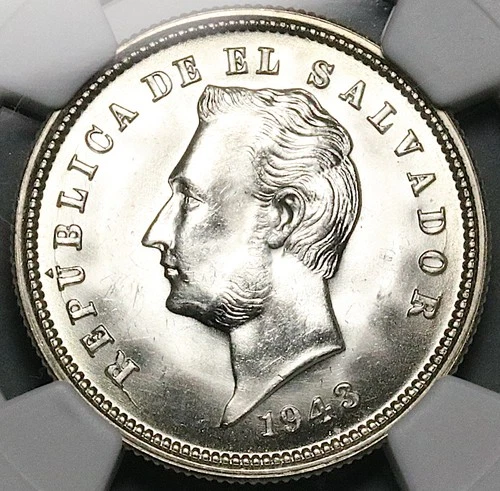 1943 NGC MS 64 El Salvador 25 Centavos Gem 90% Silver Coin (25101902D)