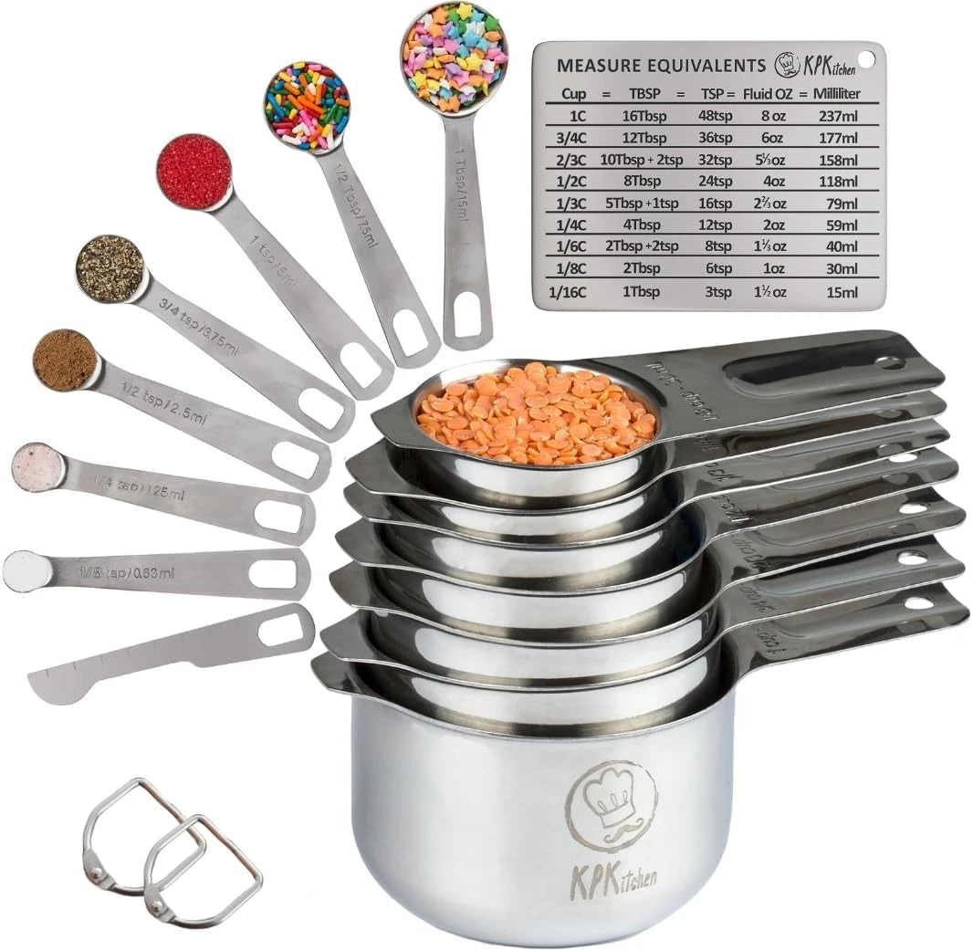Stainless Steel Measuring Cups & Spoons Set of 16-7 Cup & 7 Spoon Conversion