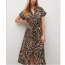 Mango Zebra Print Full Button Down Short Sleeve Collared Midi Shirt Dress Large