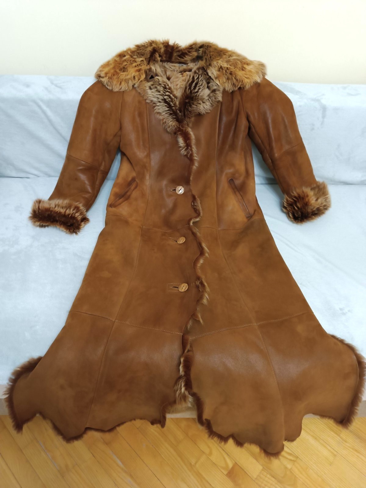DUD SKOR Cognac brown Toscana Sheepskin Shearling Full Length Coat